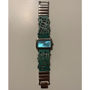 Betsey Johnson Teal Turquoise Snakeskin Print Floral Cutout Strap Watch